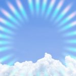 Radiant light aura rays purple sky and white fluffy clouds background with framed place for text